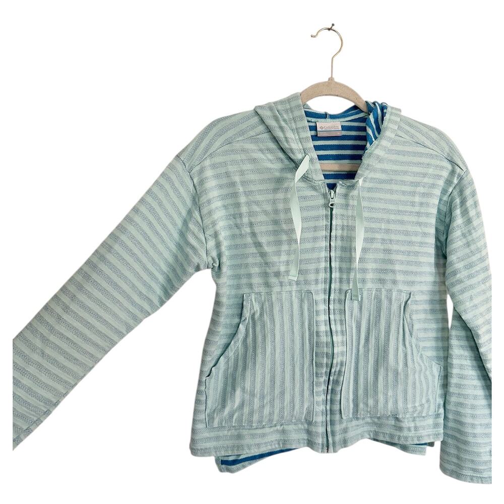 Columbia M teal comfy cozy hoodie zip up sweater aqua stripe outdoor casual top